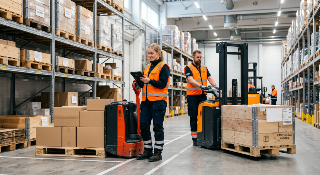 Varastotyöntekijöitä mies ja nainen oranssit huomioliivit
